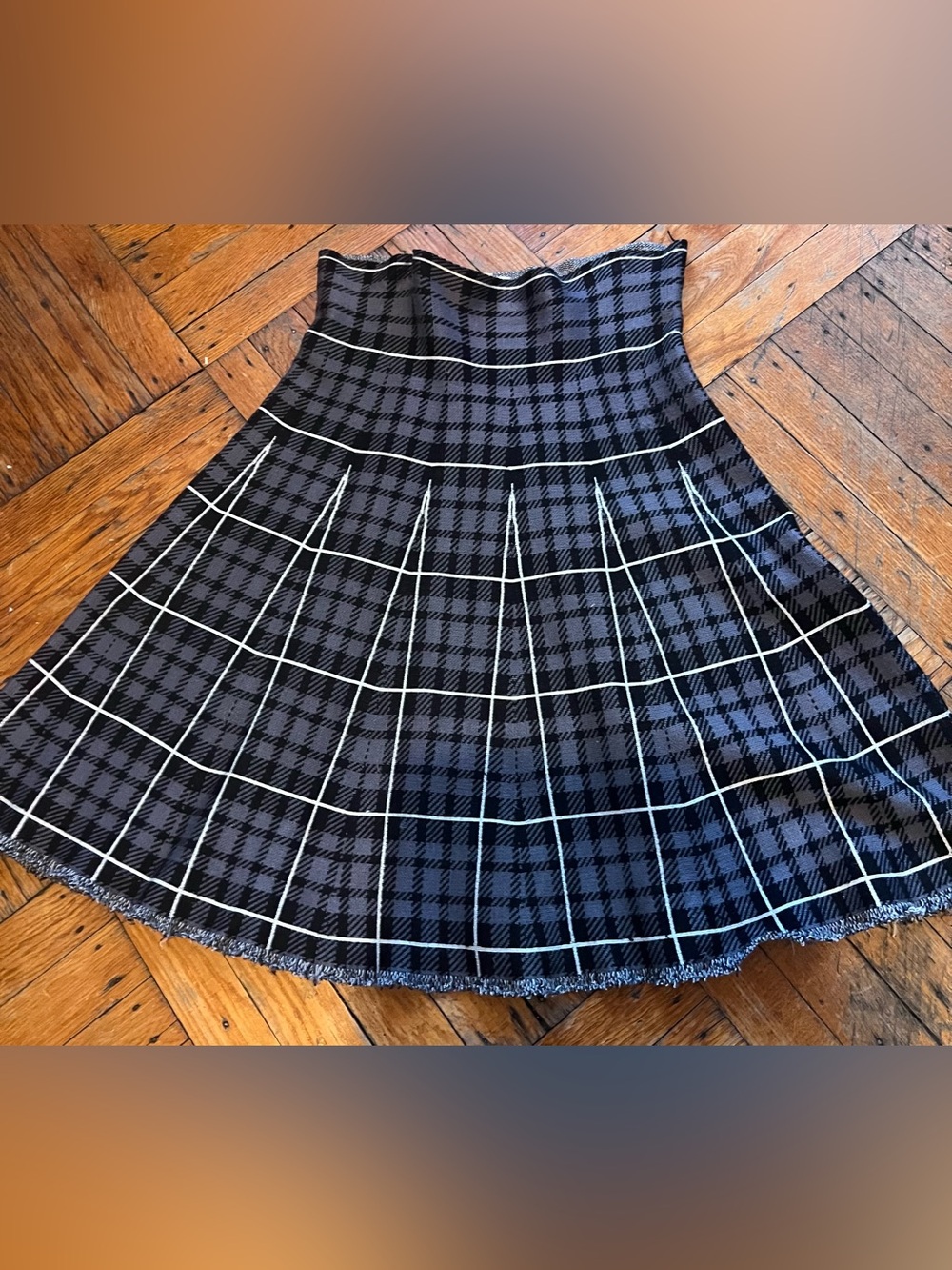 Max Studio Black and Gray Plaid Circle Skirt with White Windowpane